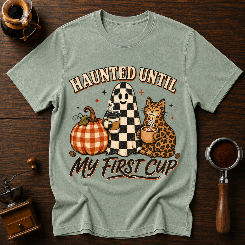 Haunted Until My First Cup Shirt, Retro Ghost Coffee Tee, Leopard Cat Halloween Shirt, Fall Coffee Lover Gift, Garment Dyed T-Shirt