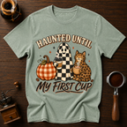 Haunted Until My First Cup Shirt, Retro Ghost Coffee Tee, Leopard Cat Halloween Shirt, Fall Coffee Lover Gift, Garment Dyed T-Shirt