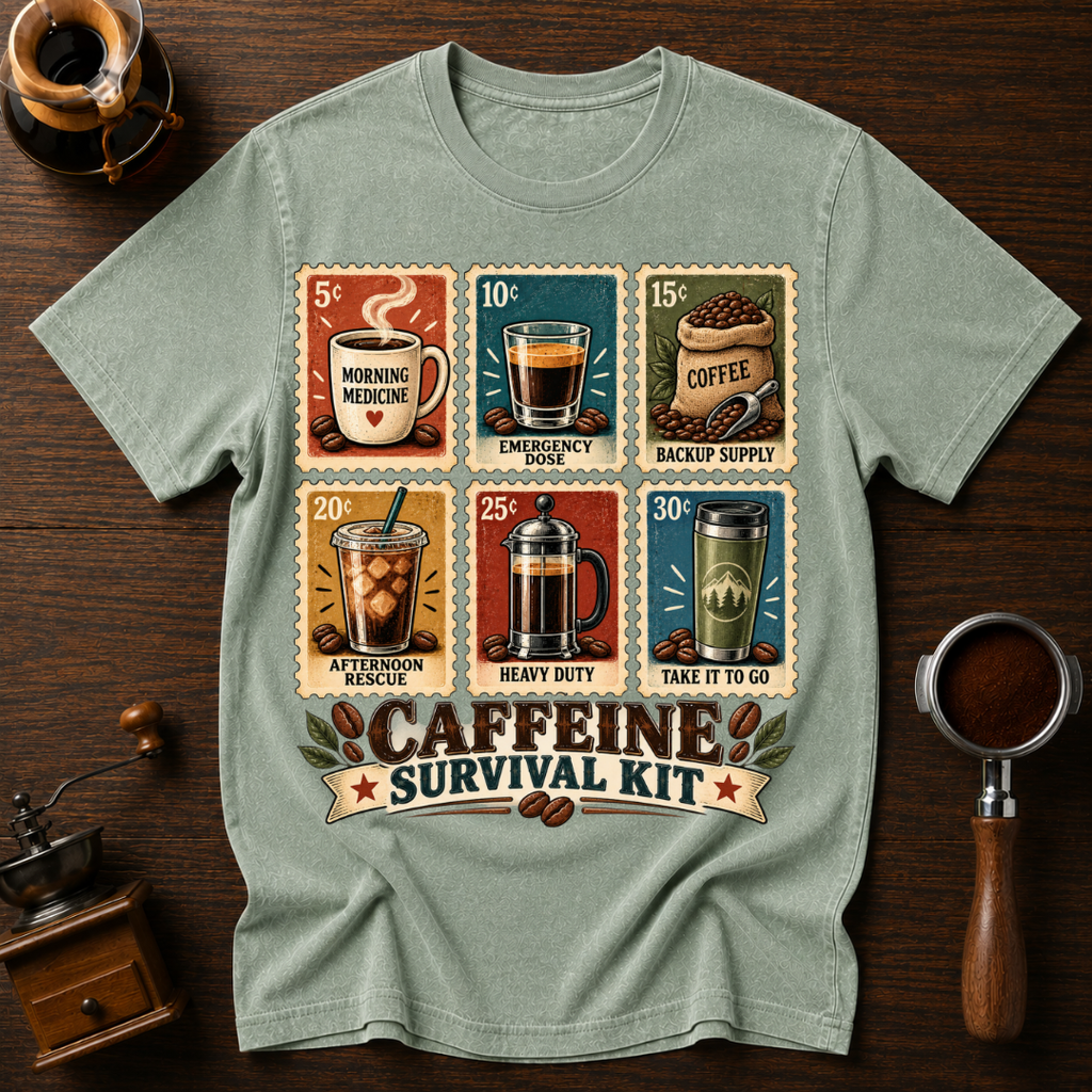 Caffeine Survival Kit Stamp Dyed T-shirt