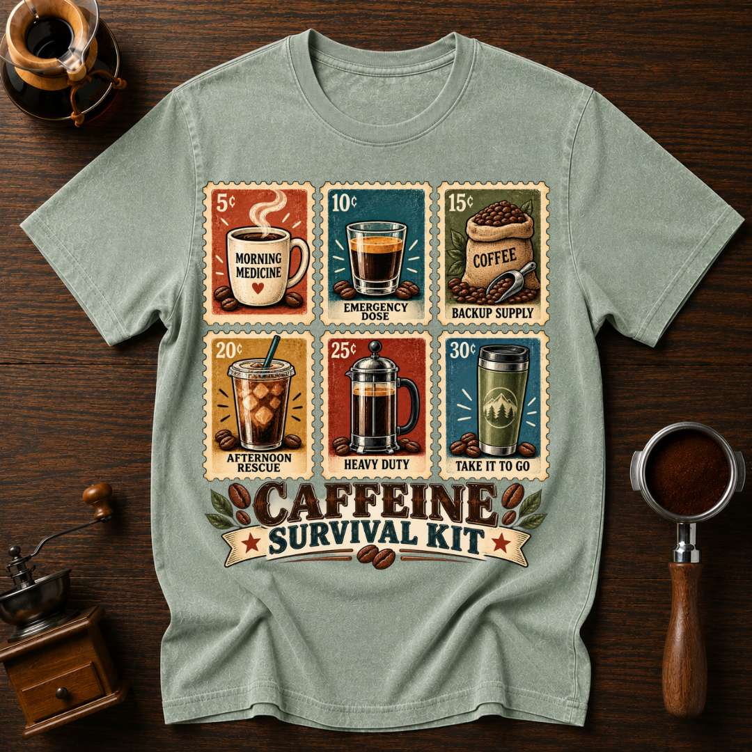 Caffeine Survival Kit Stamp Dyed T-shirt