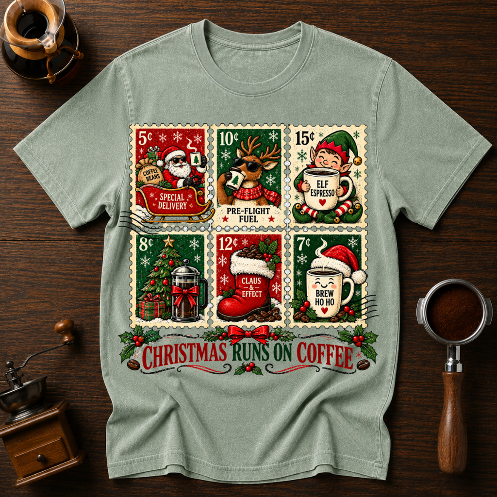Christmas Runs On Coffee stamp Dyed T-shirt