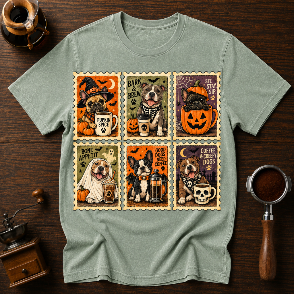 Coffee and Creepy Dogs Shirt, Vintage Halloween Dog Stamp Tee, Dog Mom Coffee Lover Gift, Spooky Dog Costume Shirt, Garment Dyed T-Shirt