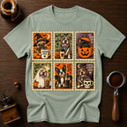 Coffee and Creepy Dogs Shirt, Vintage Halloween Dog Stamp Tee, Dog Mom Coffee Lover Gift, Spooky Dog Costume Shirt, Garment Dyed T-Shirt