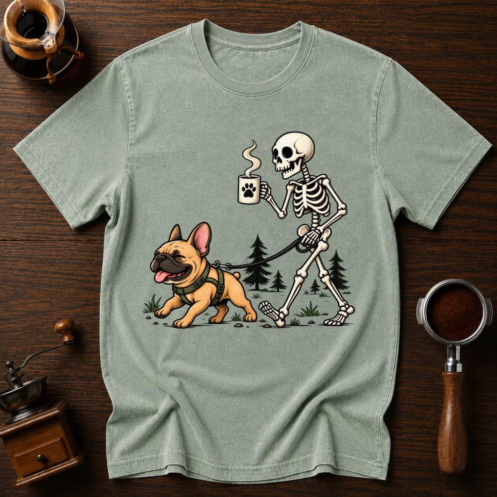 Walking With My Frenchie Shirt, Skeleton Dog Walk Tee, French Bulldog Mom Gift, Funny Coffee Skeleton, Garment Dyed Halloween T-Shirt