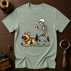 Walking With My Frenchie Shirt, Skeleton Dog Walk Tee, French Bulldog Mom Gift, Funny Coffee Skeleton, Garment Dyed Halloween T-Shirt