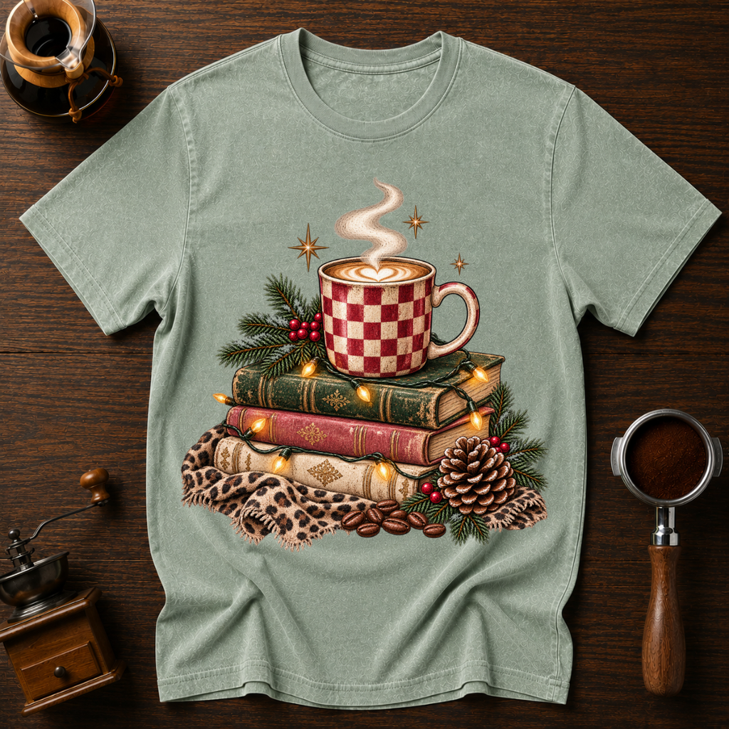 Christmas Coffee & Books Dyed T-shirt