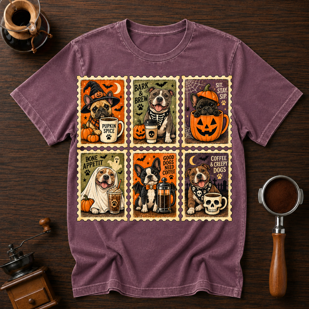 Coffee and Creepy Dogs Shirt, Vintage Halloween Dog Stamp Tee, Dog Mom Coffee Lover Gift, Spooky Dog Costume Shirt, Garment Dyed T-Shirt