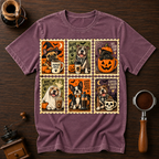 Coffee and Creepy Dogs Shirt, Vintage Halloween Dog Stamp Tee, Dog Mom Coffee Lover Gift, Spooky Dog Costume Shirt, Garment Dyed T-Shirt