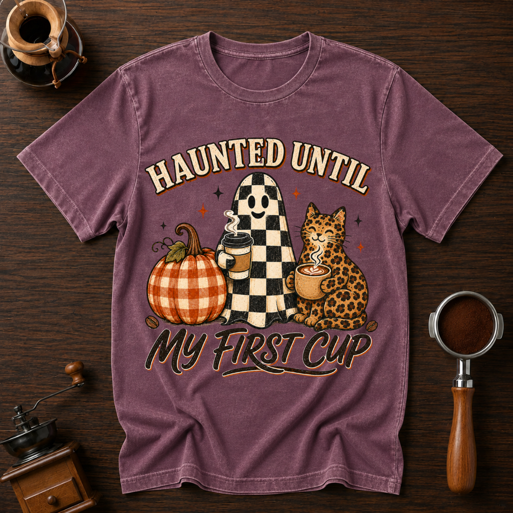 Haunted Until My First Cup Shirt, Retro Ghost Coffee Tee, Leopard Cat Halloween Shirt, Fall Coffee Lover Gift, Garment Dyed T-Shirt