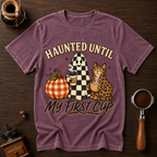 Haunted Until My First Cup Shirt, Retro Ghost Coffee Tee, Leopard Cat Halloween Shirt, Fall Coffee Lover Gift, Garment Dyed T-Shirt