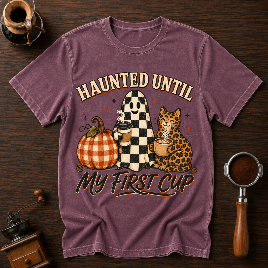 Haunted Until My First Cup Shirt, Retro Ghost Coffee Tee, Leopard Cat Halloween Shirt, Fall Coffee Lover Gift, Garment Dyed T-Shirt