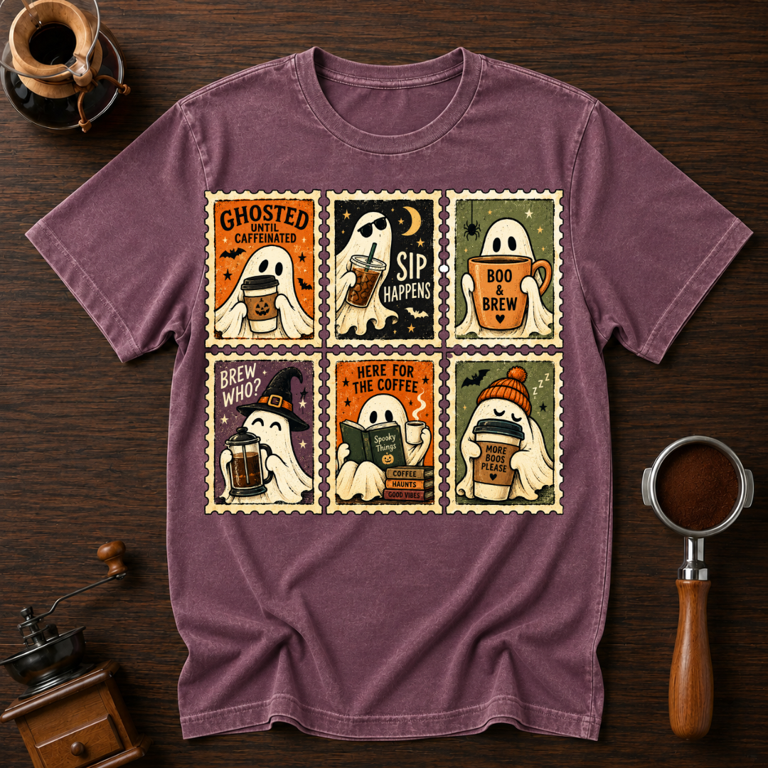 Ghosted Until Caffeinated Shirt, Vintage Ghost Stamp Tee, Halloween Coffee Lover Shirt, Retro Spooky Season Gift, Garment Dyed T-Shirt