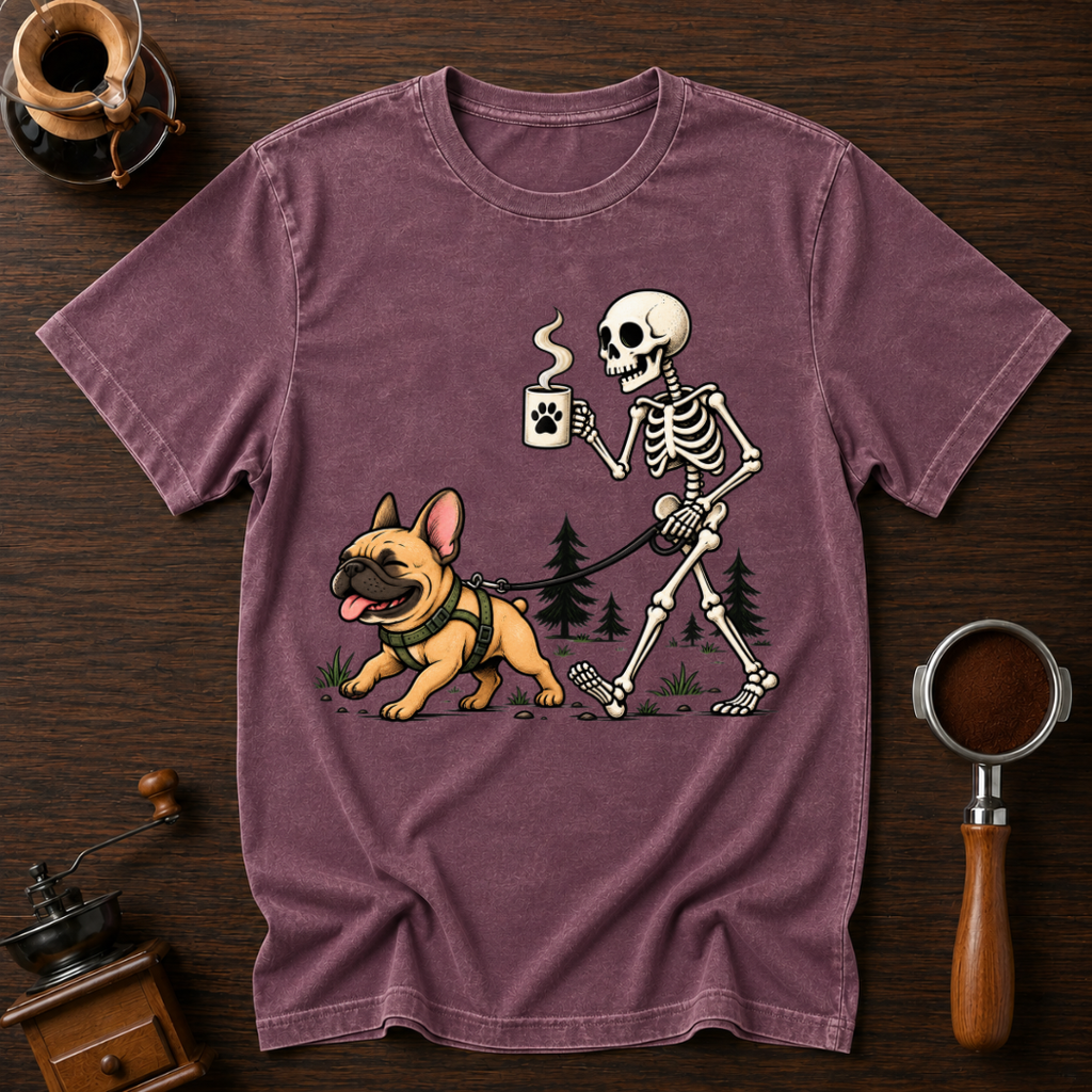 Walking With My Frenchie Shirt, Skeleton Dog Walk Tee, French Bulldog Mom Gift, Funny Coffee Skeleton, Garment Dyed Halloween T-Shirt