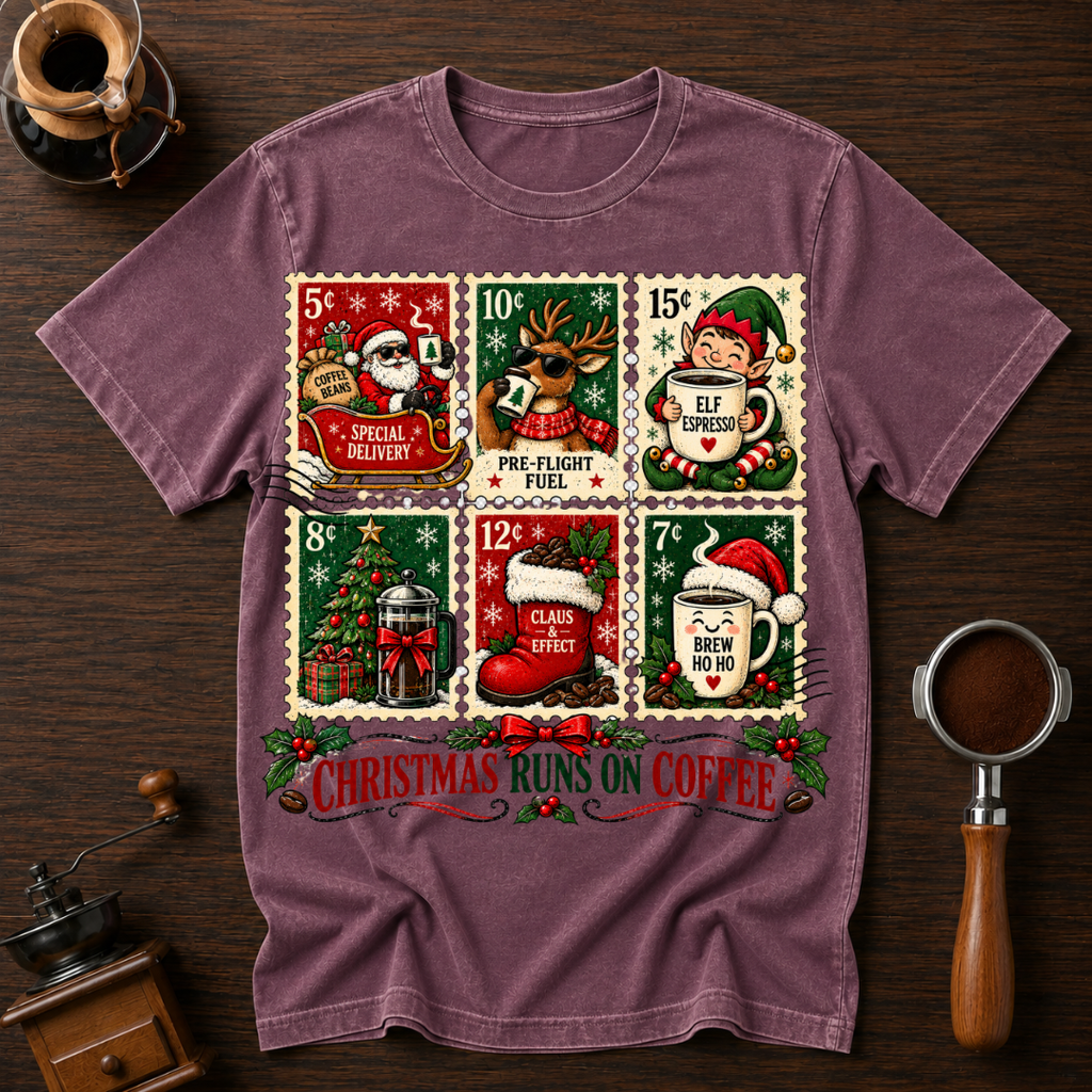 Christmas Runs On Coffee stamp Dyed T-shirt