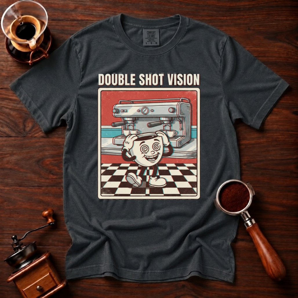 Double Shot Vision Shirt, Retro Cartoon Coffee Tee, Funny Espresso Shirt, Rubber Hose Coffee Lover Gift, Barista Gift, Garment Dyed Tee