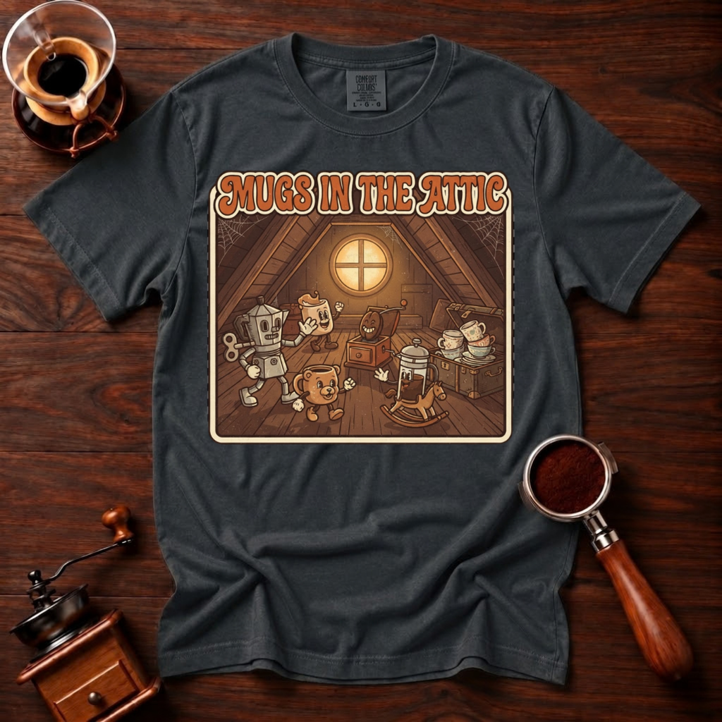 Mugs in the Attic Shirt, Funny Retro Coffee Tee, Bookish Coffee Lover Gift, Vintage Cartoon Mug Shirt, 80s Book Parody, Garment Dyed Tee