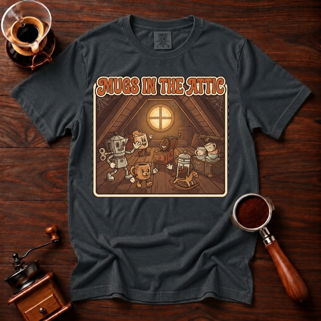 Mugs in the Attic Shirt, Funny Retro Coffee Tee, Bookish Coffee Lover Gift, Vintage Cartoon Mug Shirt, 80s Book Parody, Garment Dyed Tee