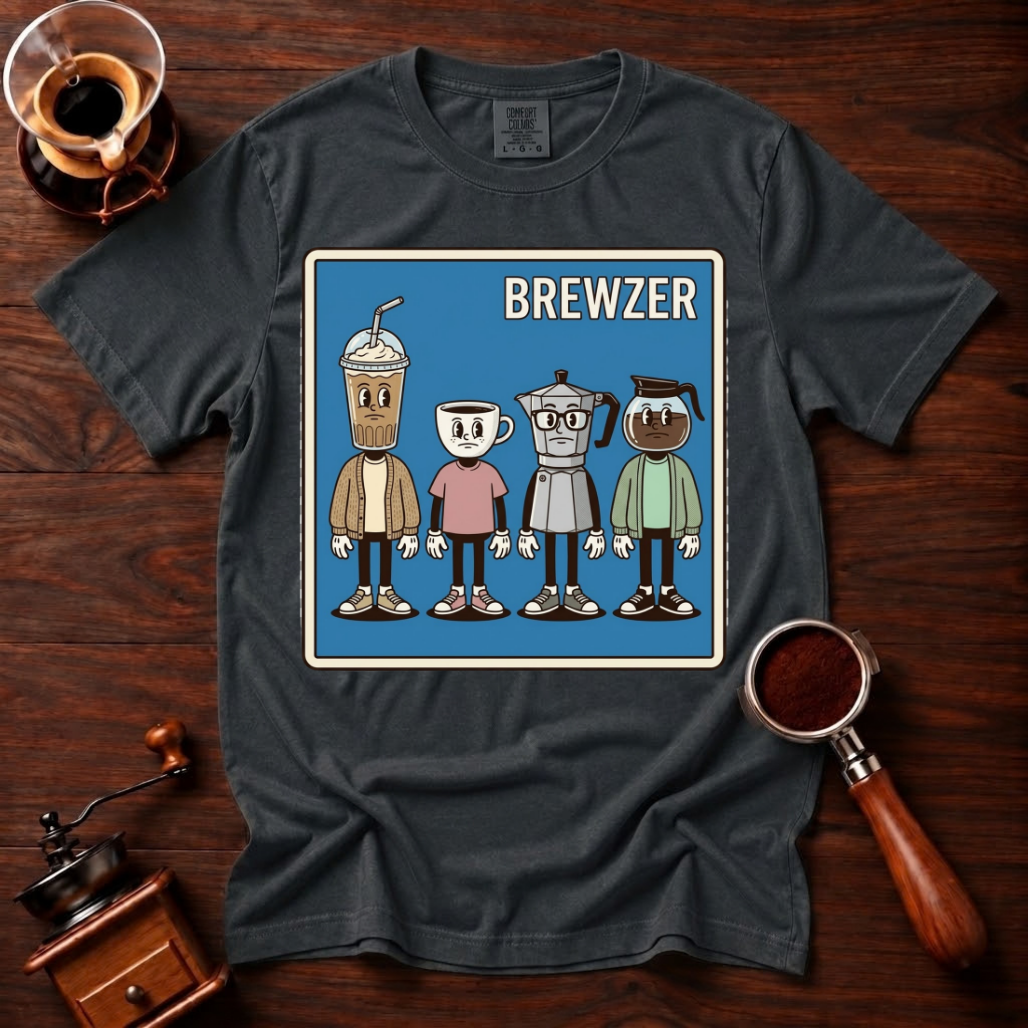Brewzer Shirt, Nerdy Indie Coffee Tee, 90s Alt Rock Band Parody Shirt, Geeky Coffee Lover Gift, Retro Garment Dyed T-Shirt