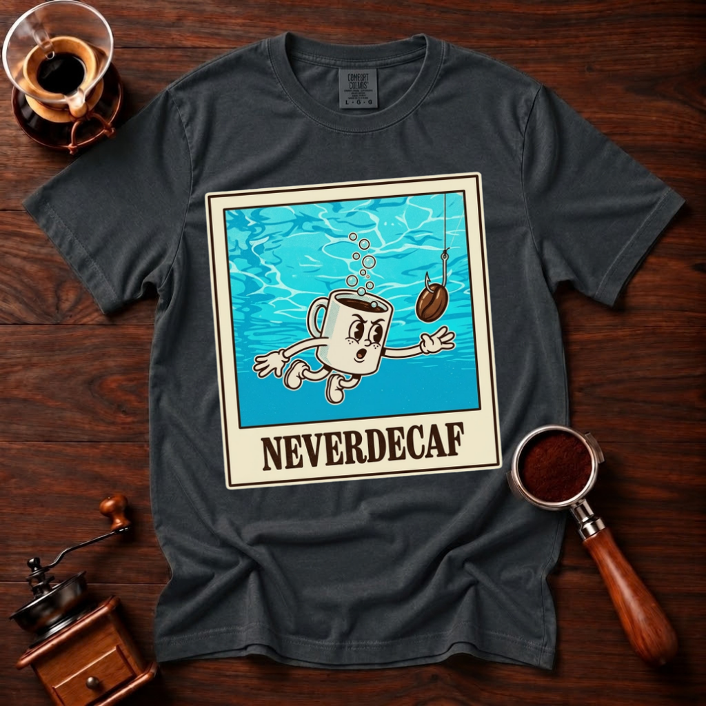 Neverdecaf Shirt, Funny 90s Grunge Coffee Tee, Retro Underwater Coffee Mug Shirt, Alt Rock Coffee Lover Gift, Garment Dyed T-Shirt
