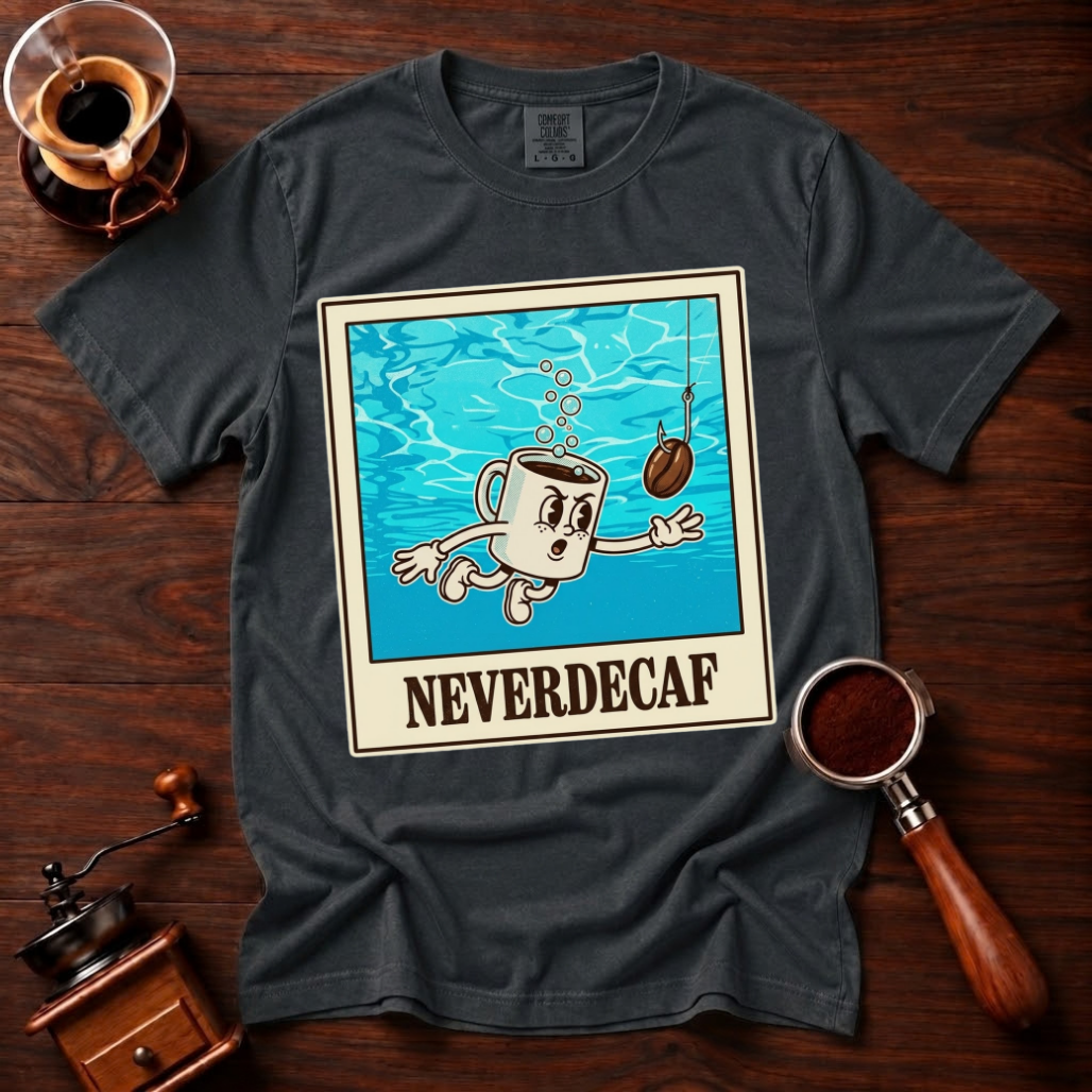 Neverdecaf Shirt, Funny 90s Grunge Coffee Tee, Retro Underwater Coffee Mug Shirt, Alt Rock Coffee Lover Gift, Garment Dyed T-Shirt