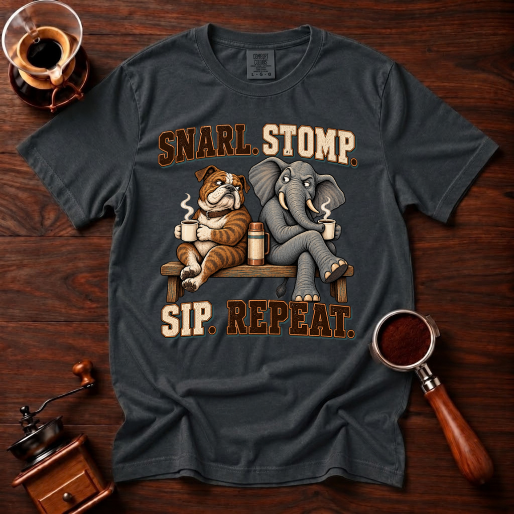Snarl Stomp Sip Repeat Shirt, Funny Bulldog and Elephant Coffee Tee, House Divided Football Shirt, Rivalry Gift, Garment Dyed T-Shirt