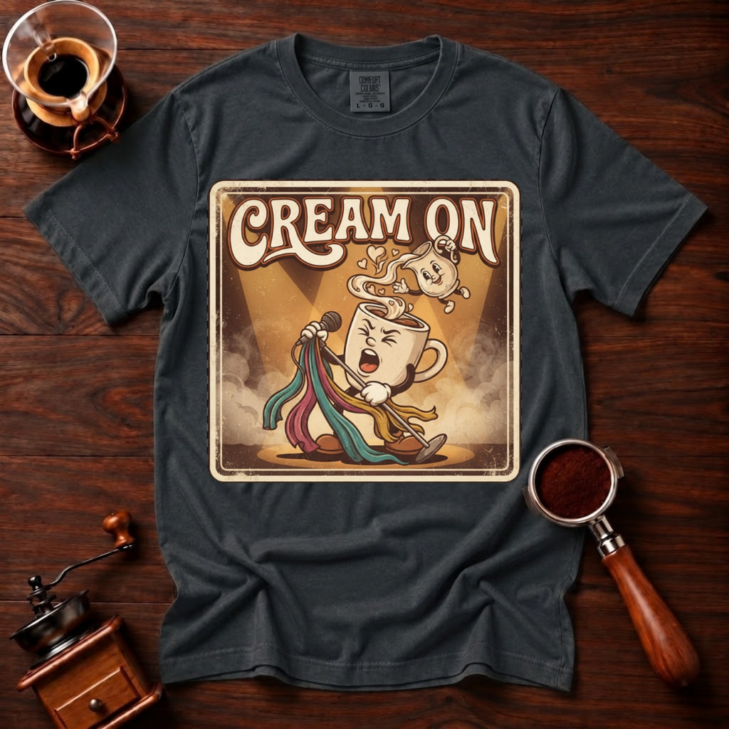Cream On Shirt, Funny 70s Rock Coffee Tee, Retro Rock Star Coffee Mug Shirt, Classic Rock Coffee Lover Gift, Garment Dyed T-Shirt