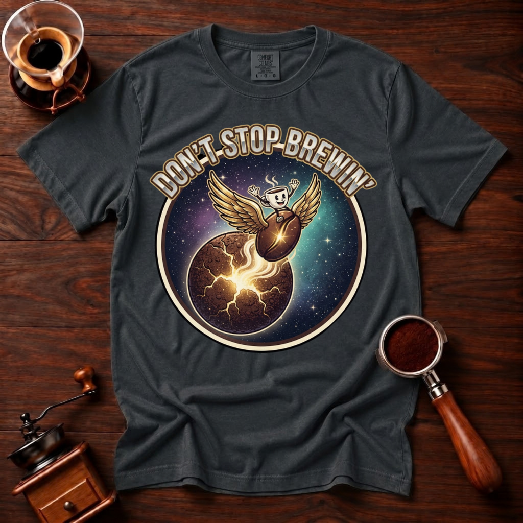 Don’t Stop Brewin’ Shirt, Retro 80s Space Rock Coffee Tee, Cosmic Coffee Shirt, Classic Rock Coffee Lover Gift, Vintage Garment Dyed Tee