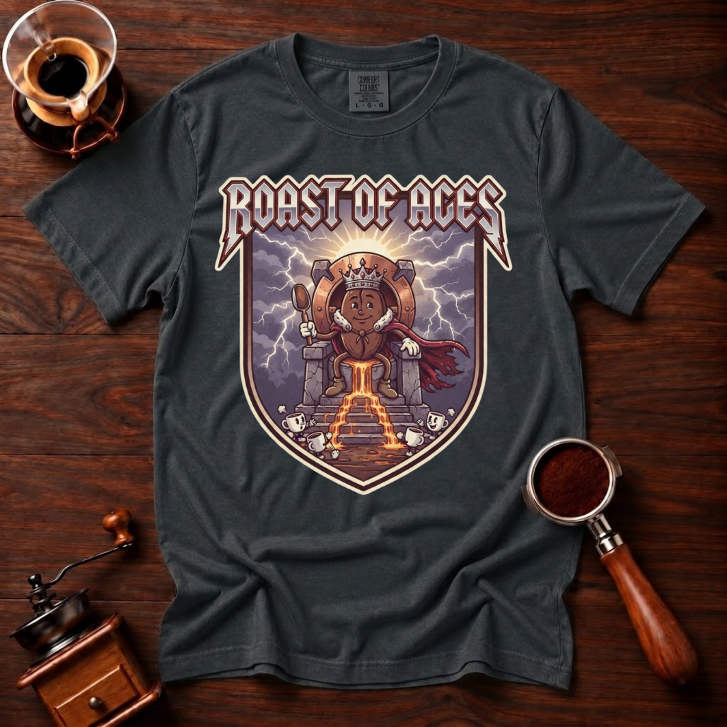 Roast of Ages Shirt, Funny Heavy Metal Coffee Tee, 80s Metal Band Parody Shirt, Rocker Coffee Lover Gift, Vintage Garment Dyed T-Shirt