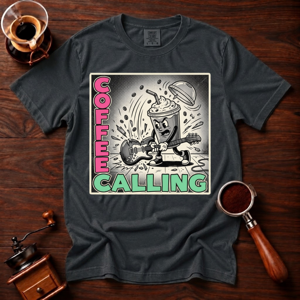Coffee Calling Shirt, Funny Punk Rock Coffee Tee, Retro Punk Album Parody Shirt, Rock and Roll Coffee Lover Gift, Garment Dyed T-Shirt