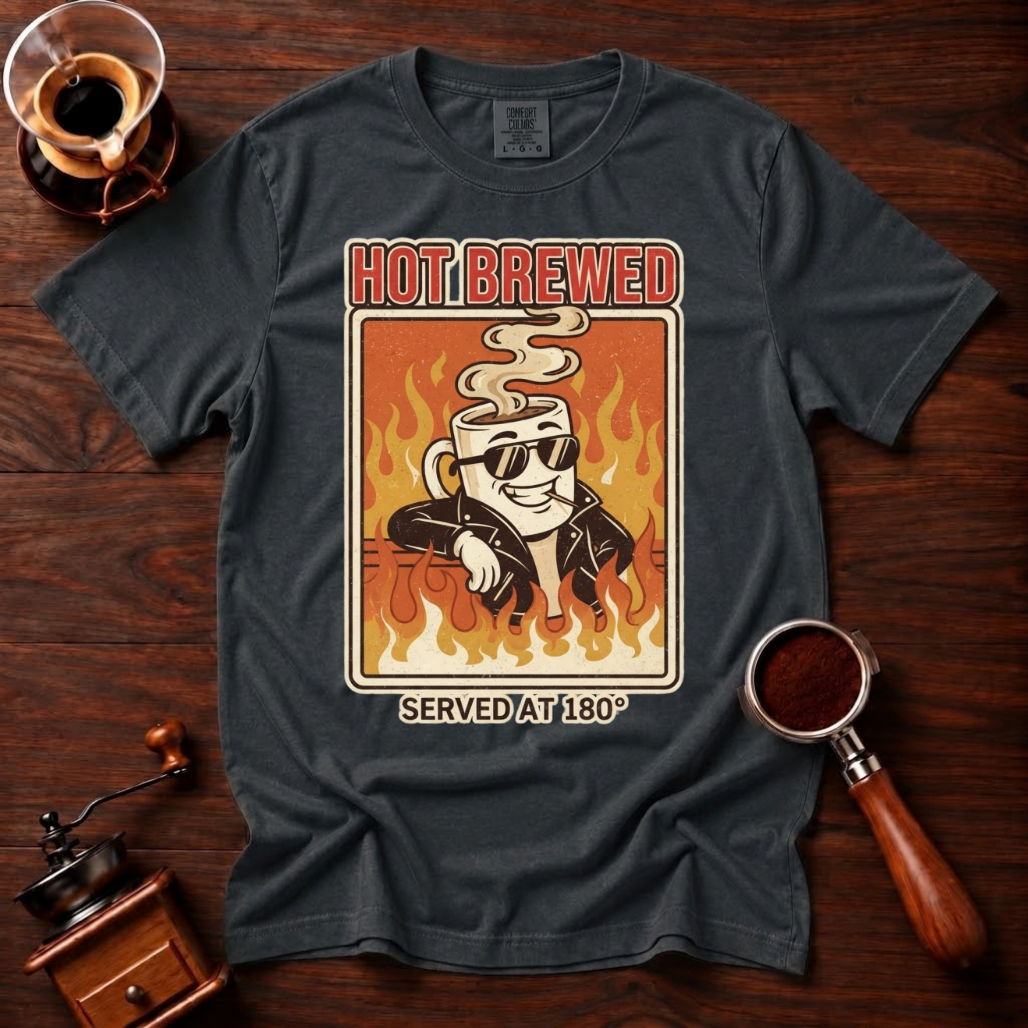 Hot Brewed Shirt, Retro Greaser Coffee Tee, Funny 70s Rock Coffee Shirt, Hot Coffee Lover Gift, Flame Rockabilly Garment Dyed T-Shirt
