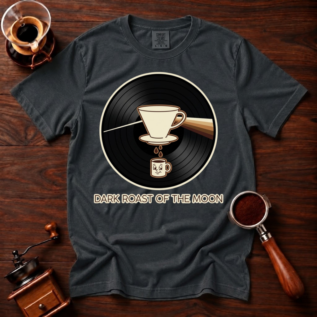 Dark Roast of the Moon Shirt, Pour Over Coffee Tee, 70s Classic Rock Coffee Shirt, Vinyl Record Coffee Lover Gift, Garment Dyed T-Shirt