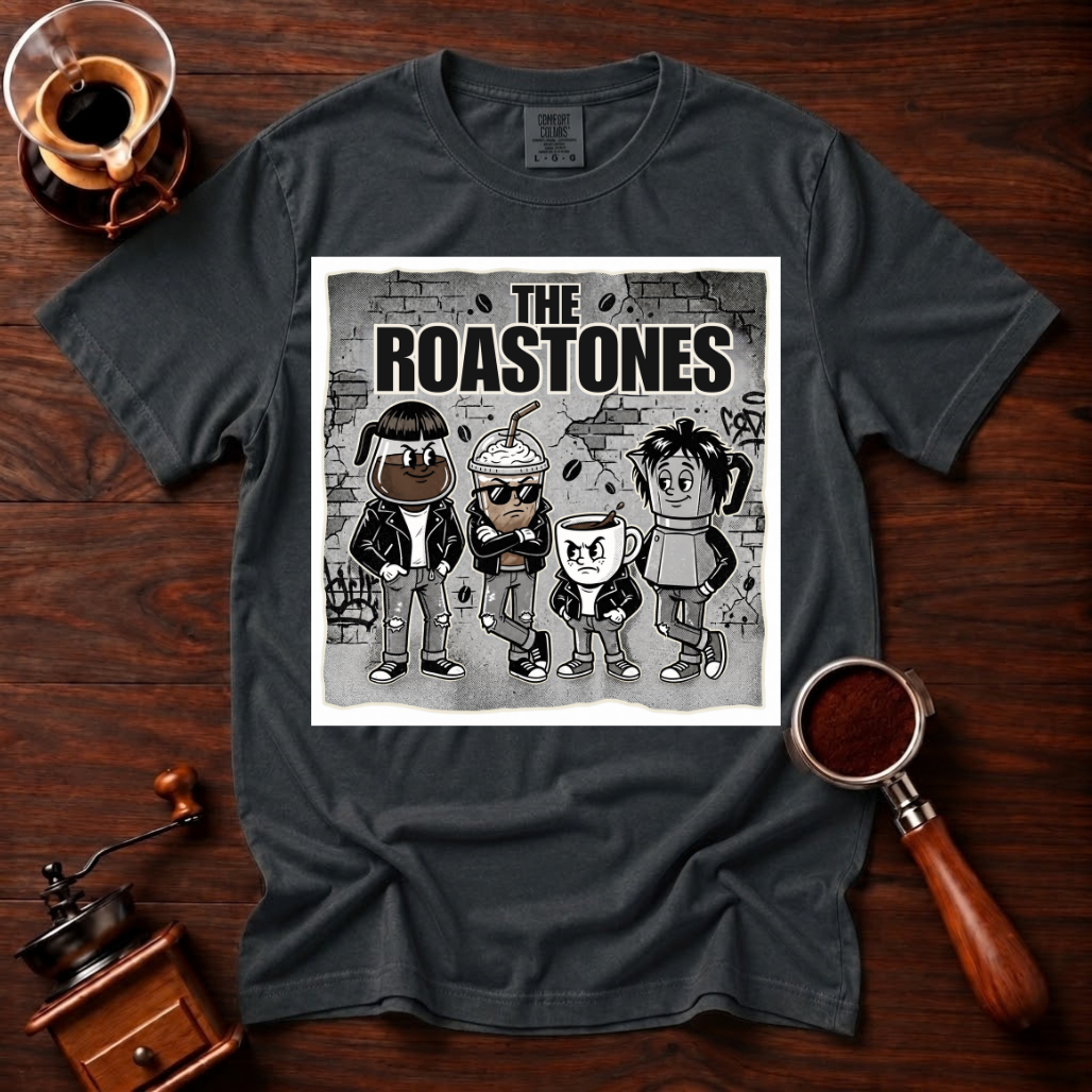 The Roastones Shirt, Funny Coffee Band Tee, Retro Punk Rock Coffee Shirt, 70s Punk Parody, Coffee Lover Gift, Garment Dyed T-Shirt