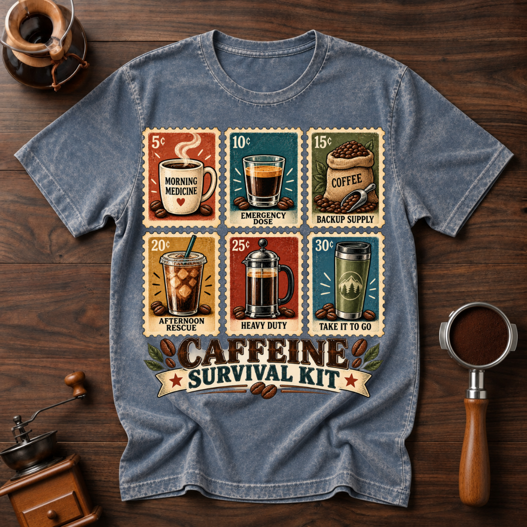 Caffeine Survival Kit Stamp Dyed T-shirt