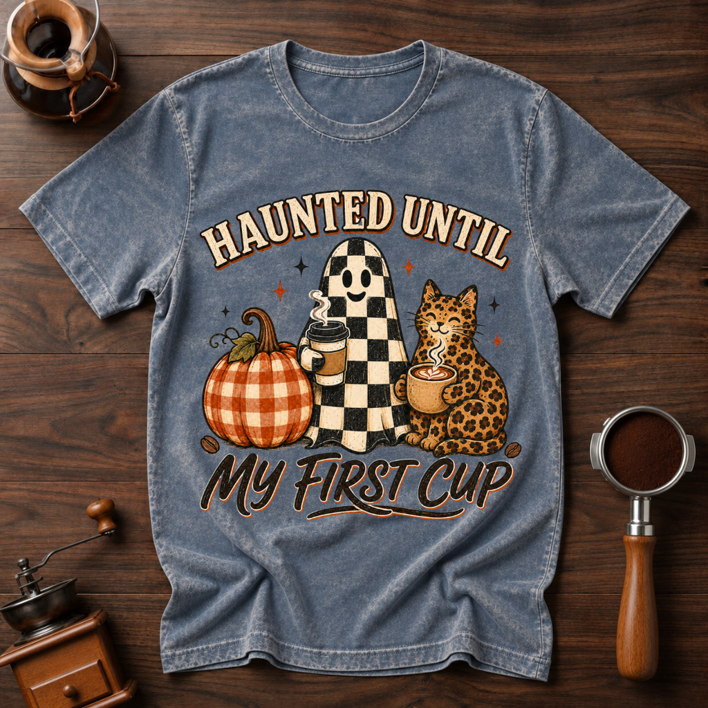 Haunted Until My First Cup Shirt, Retro Ghost Coffee Tee, Leopard Cat Halloween Shirt, Fall Coffee Lover Gift, Garment Dyed T-Shirt