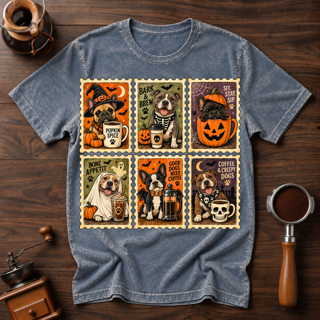 Coffee and Creepy Dogs Shirt, Vintage Halloween Dog Stamp Tee, Dog Mom Coffee Lover Gift, Spooky Dog Costume Shirt, Garment Dyed T-Shirt