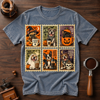 Coffee and Creepy Dogs Shirt, Vintage Halloween Dog Stamp Tee, Dog Mom Coffee Lover Gift, Spooky Dog Costume Shirt, Garment Dyed T-Shirt