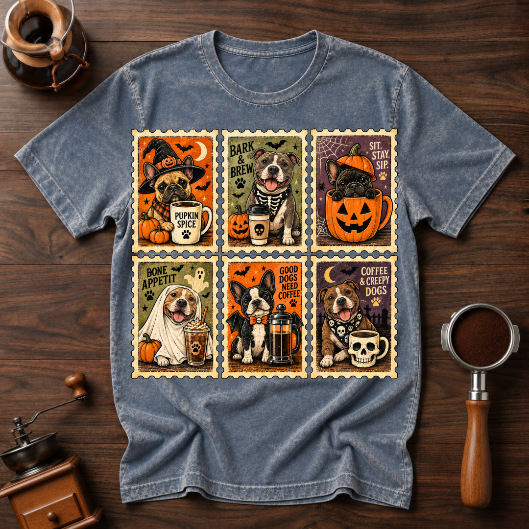 Coffee and Creepy Dogs Shirt, Vintage Halloween Dog Stamp Tee, Dog Mom Coffee Lover Gift, Spooky Dog Costume Shirt, Garment Dyed T-Shirt
