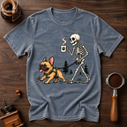 Walking With My Frenchie Shirt, Skeleton Dog Walk Tee, French Bulldog Mom Gift, Funny Coffee Skeleton, Garment Dyed Halloween T-Shirt