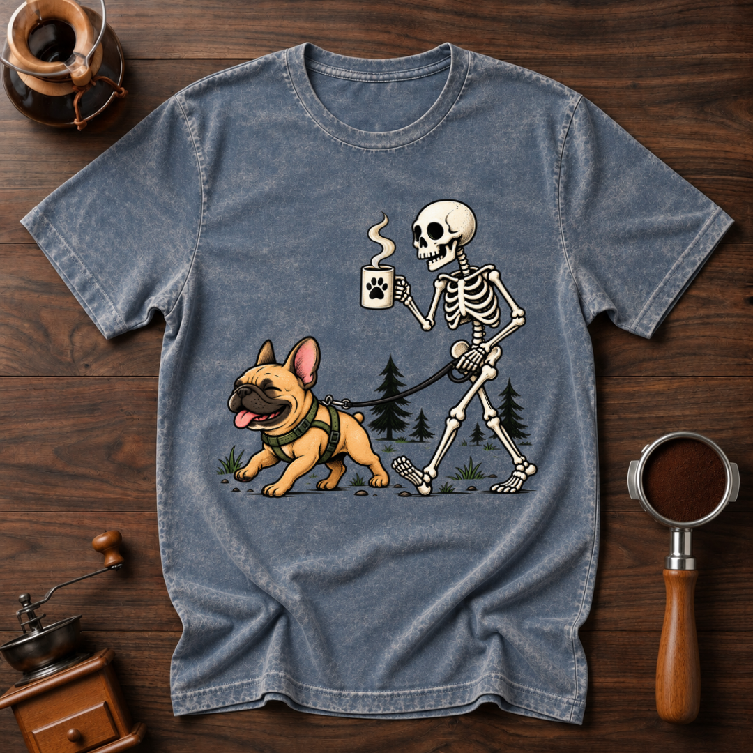 Walking With My Frenchie Shirt, Skeleton Dog Walk Tee, French Bulldog Mom Gift, Funny Coffee Skeleton, Garment Dyed Halloween T-Shirt