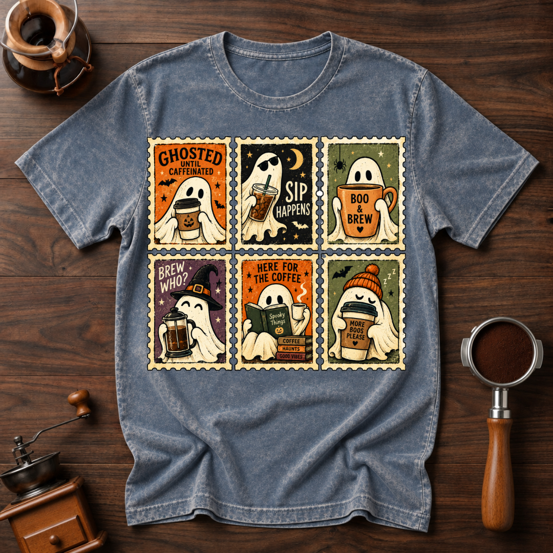 Ghosted Until Caffeinated Shirt, Vintage Ghost Stamp Tee, Halloween Coffee Lover Shirt, Retro Spooky Season Gift, Garment Dyed T-Shirt