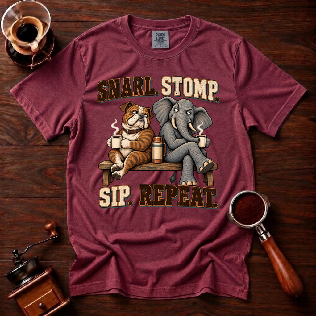 Snarl Stomp Sip Repeat Shirt, Funny Bulldog and Elephant Coffee Tee, House Divided Football Shirt, Rivalry Gift, Garment Dyed T-Shirt