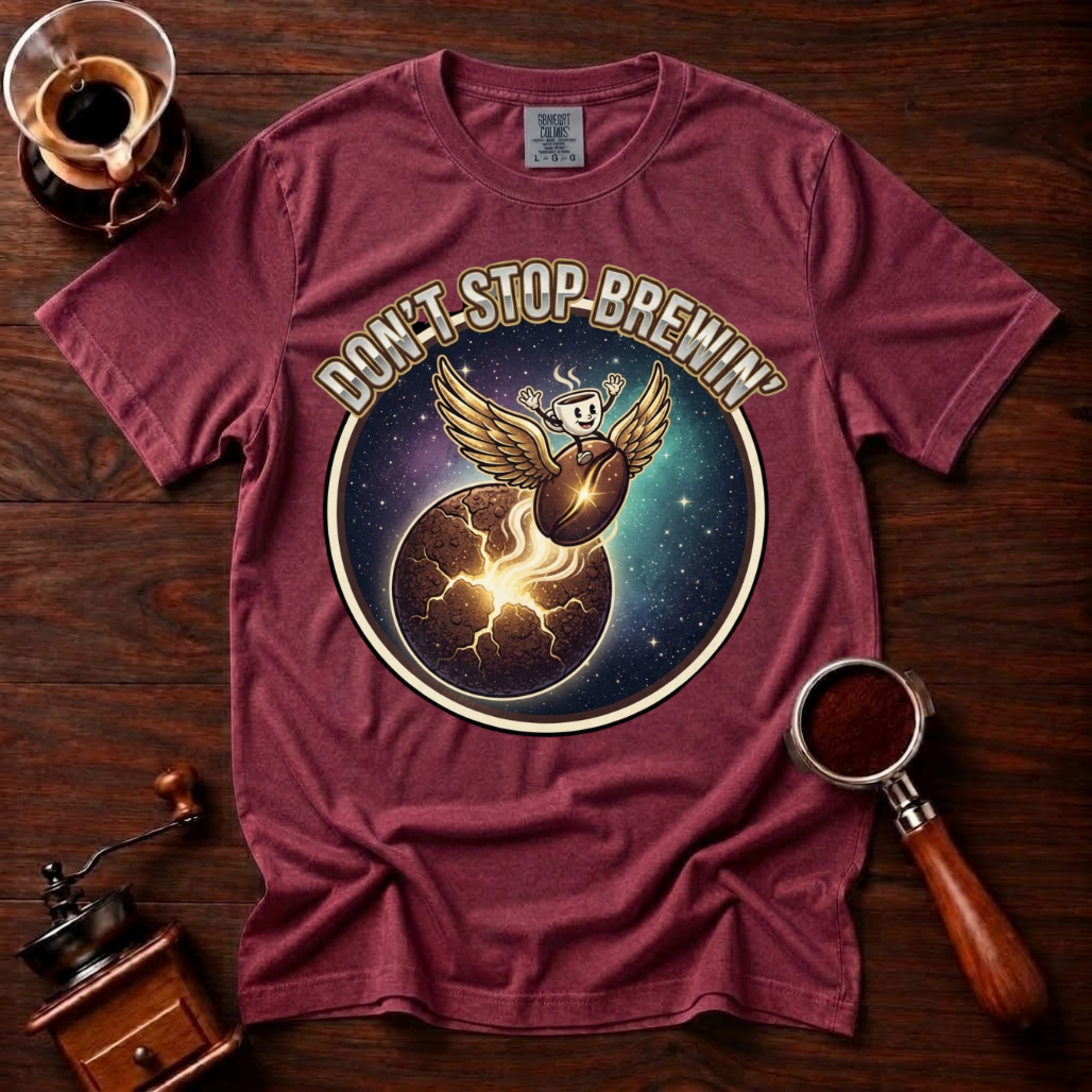 Don’t Stop Brewin’ Shirt, Retro 80s Space Rock Coffee Tee, Cosmic Coffee Shirt, Classic Rock Coffee Lover Gift, Vintage Garment Dyed Tee