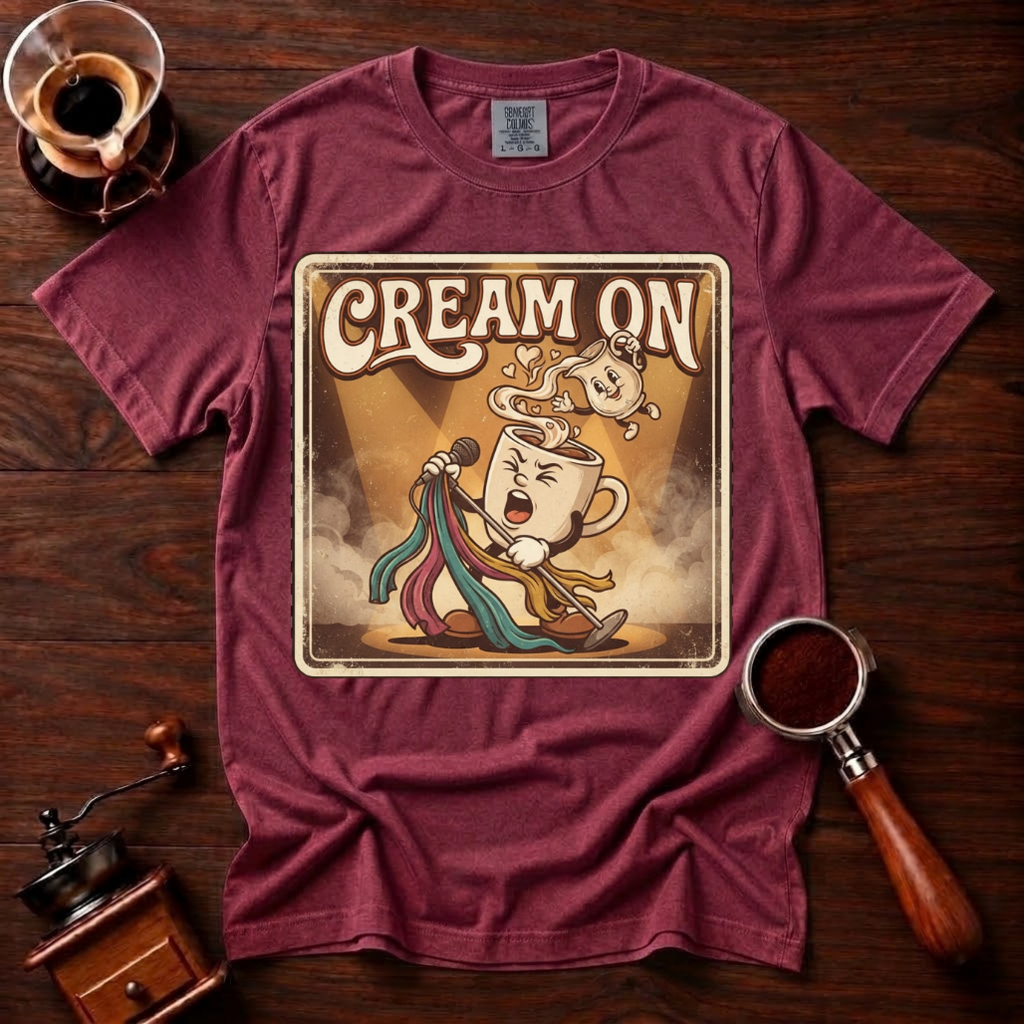 Cream On Shirt, Funny 70s Rock Coffee Tee, Retro Rock Star Coffee Mug Shirt, Classic Rock Coffee Lover Gift, Garment Dyed T-Shirt