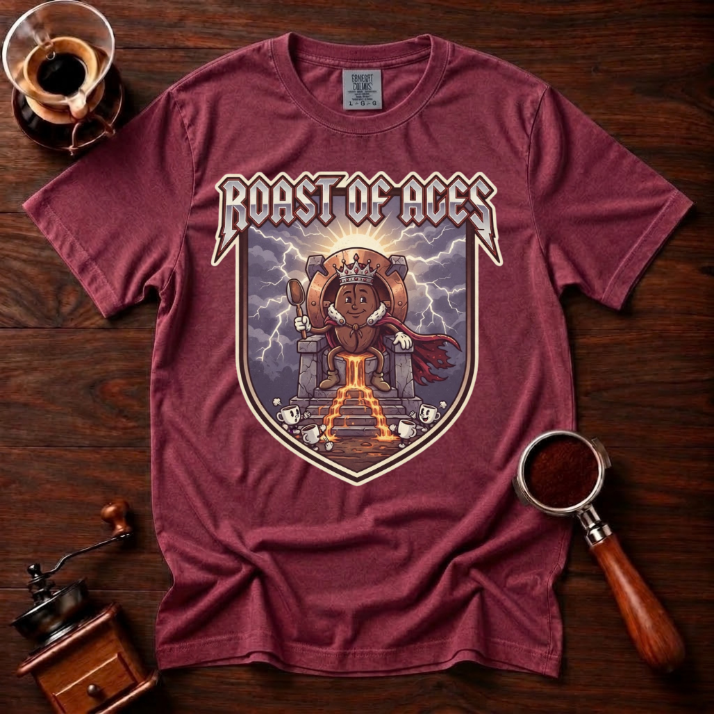 Roast of Ages Shirt, Funny Heavy Metal Coffee Tee, 80s Metal Band Parody Shirt, Rocker Coffee Lover Gift, Vintage Garment Dyed T-Shirt