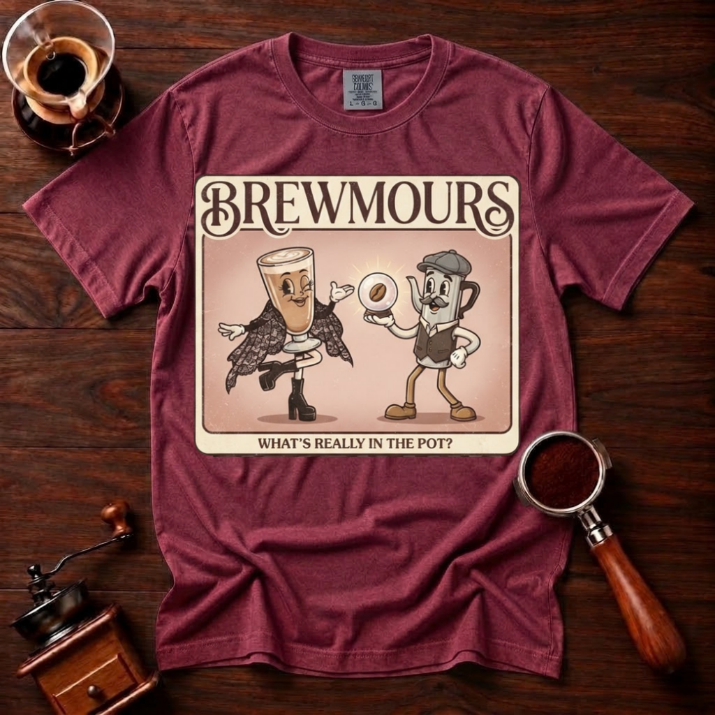 Brewmours Shirt, Retro 70s Coffee Tee, Vintage Soft Rock Album Parody Shirt, Coffee Gossip Gift, Funny Coffee Lover Garment Dyed Tee