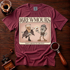 Brewmours Shirt, Retro 70s Coffee Tee, Vintage Soft Rock Album Parody Shirt, Coffee Gossip Gift, Funny Coffee Lover Garment Dyed Tee