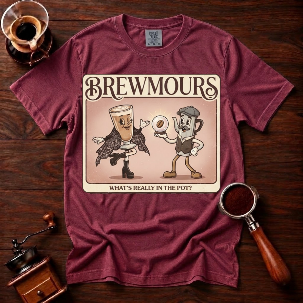 Brewmours Shirt, Retro 70s Coffee Tee, Vintage Soft Rock Album Parody Shirt, Coffee Gossip Gift, Funny Coffee Lover Garment Dyed Tee