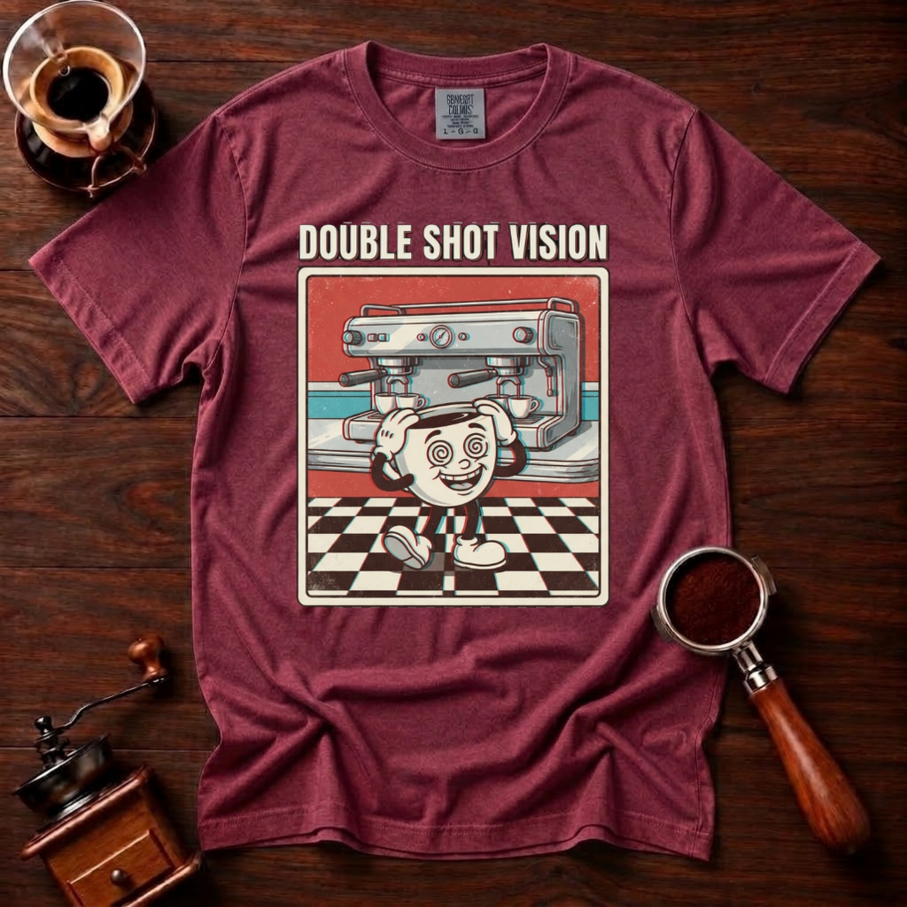 Double Shot Vision Shirt, Retro Cartoon Coffee Tee, Funny Espresso Shirt, Rubber Hose Coffee Lover Gift, Barista Gift, Garment Dyed Tee