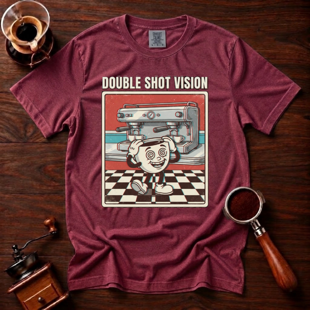 Double Shot Vision Shirt, Retro Cartoon Coffee Tee, Funny Espresso Shirt, Rubber Hose Coffee Lover Gift, Barista Gift, Garment Dyed Tee