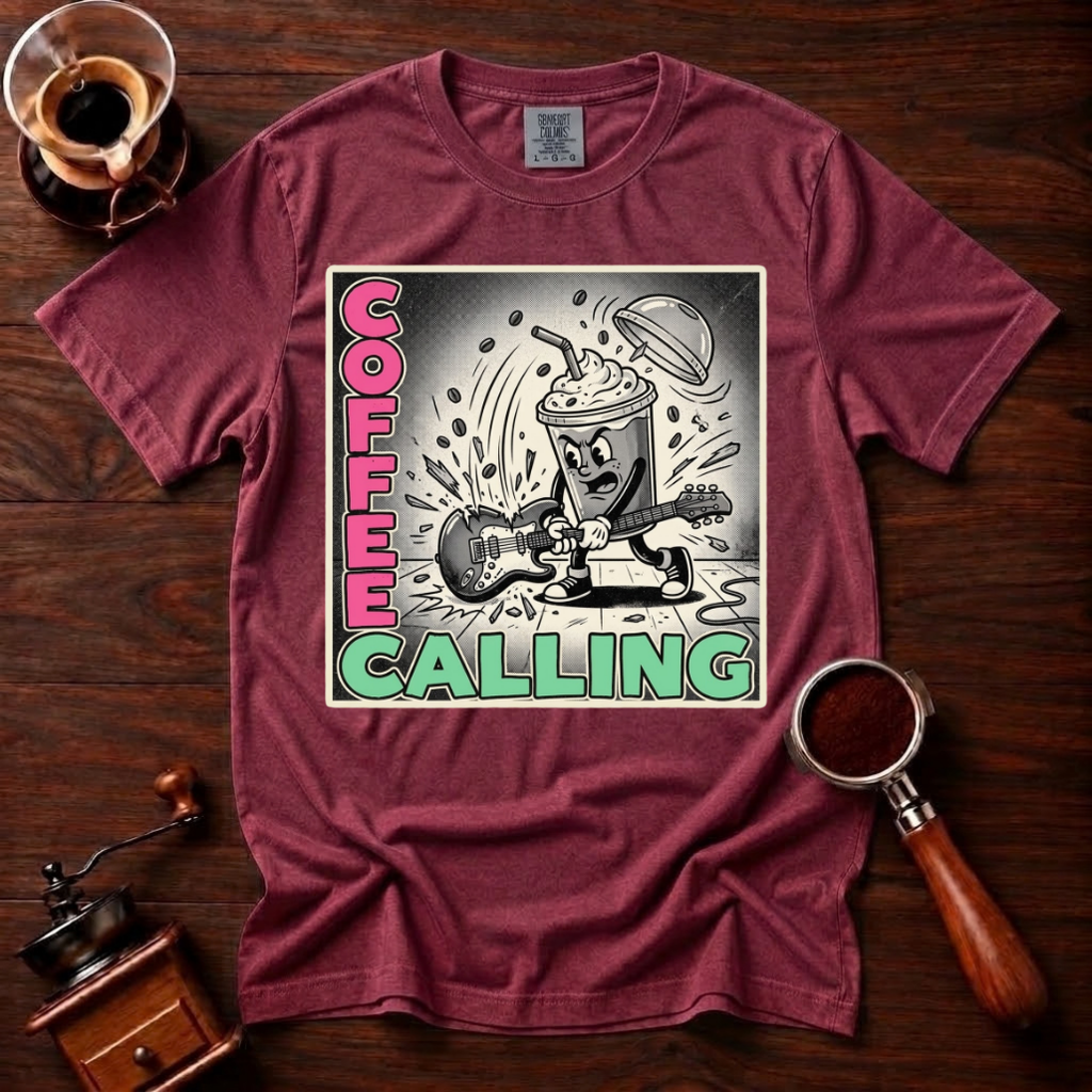 Coffee Calling Shirt, Funny Punk Rock Coffee Tee, Retro Punk Album Parody Shirt, Rock and Roll Coffee Lover Gift, Garment Dyed T-Shirt
